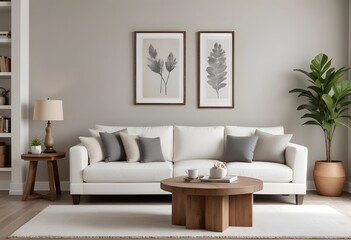 A minimalist living room with a white sofa and photo frame, a wooden side table with a fruit bowl, and a blank wooden frame on the wall