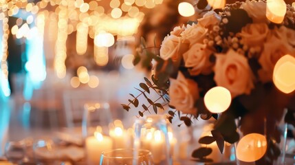A beautifully arranged table adorned with roses and soft candles creating a romantic atmosphere for a wedding celebration