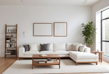 A minimalist living room with blank framed wall art a white sofa, wooden furniture,