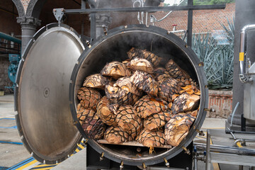Horno autoclave con agave cocinado en la fabrica de tequila.
