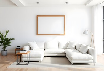 Fototapeta premium A minimalist living room with blank framed wall art a white sofa, wooden furniture,
