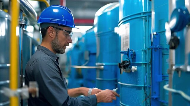 An engineer examines the water filtration system