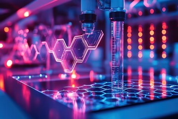 Futuristic laboratory scene with glowing hexagonal patterns and test tubes, showcasing innovation in science and technology.
