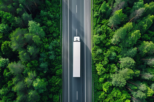 Aerial top view of a car and truck driving on a highway road in a green forest. Sustainable transport with a drone view of a hydrogen energy truck on asphalt