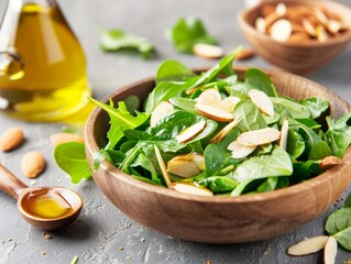 A healthy salad bowl featuring olive oil, fresh greens