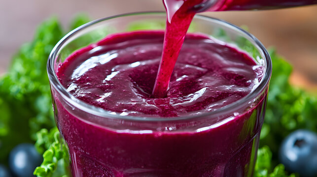 Close-Up of Gut-Friendly Smoothie with Kale, Blueberries, Pouring into Glass with Probiotic Yogurt Visibility