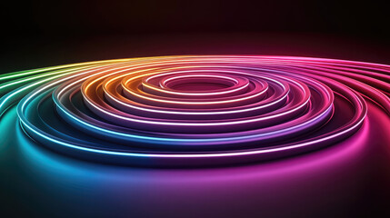 Fototapeta premium Vibrant abstract design featuring colorful concentric circles illuminated by neon lights on a dark background.