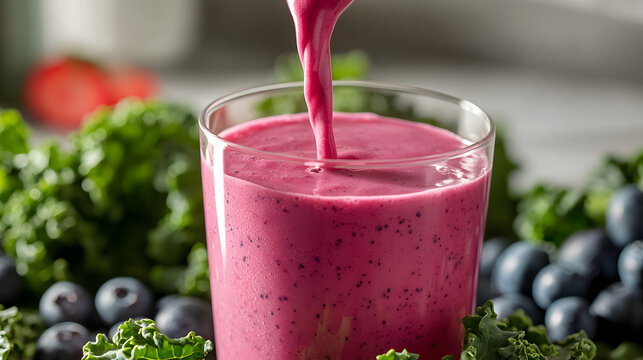 Close-Up of Gut-Friendly Smoothie with Kale, Blueberries, Pouring into Glass with Probiotic Yogurt Visibility
