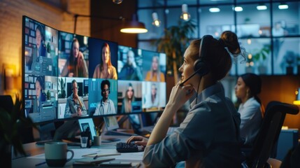 Business People Team Video Conferencing in Modern Office. generative AI