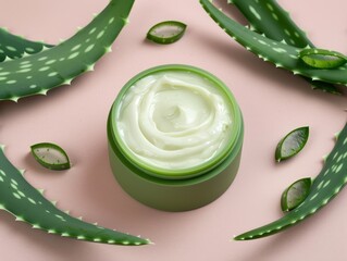 Aloe vera cream in green container surrounded by fresh aloe leaves on a pink background. Perfect for beauty and skincare concepts.