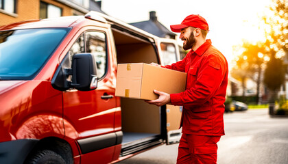 Fototapeta premium Delivery Worker Unloading Boxes from Van.