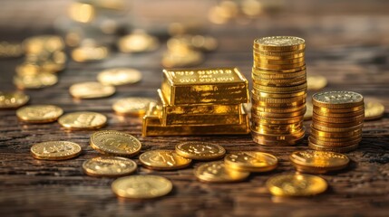 Stacks of gold bars and coins rest on a rustic wooden table, highlighting their shiny surfaces under warm light