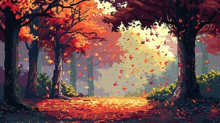 Pixel art autumn landscape, falling leaves, warm tones