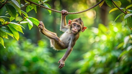 Playful little monkey swinging from tree branches in the jungle, monkey, adorable, cute, wild, nature, wildlife, tropical, forest
