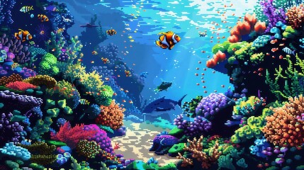 Pixel art coral reef, underwater beauty, colorful fish