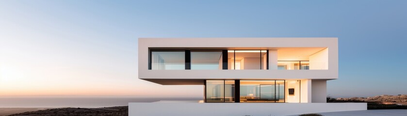 Modern architectural design of a pristine white house overlooking a serene landscape during sunset.
