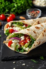 A feta cheese and veggie wrap, promoting high-protein meal choices ideal for fitness enthusiasts