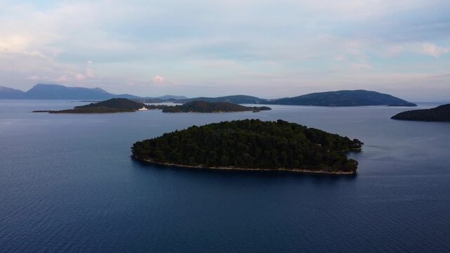 Aerial of mansion of poet Aristotelis Valaoritis on the island of Madouri located on a Greek island near Nydri at sunset