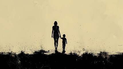 Grungy Painting Design Silhouette of a Mother Holding Her Son's Hand
