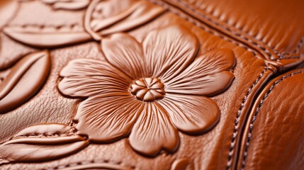 A close-up of an artisan-crafted leather handbag showcasing intricate floral patterns, embossed with fine detailing and rich texture. The design radiates elegance and craftsmanship