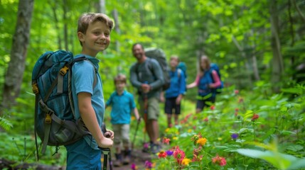 Family Hiking Through Forest Trail Surrounded by Vibrant Wildflowers
