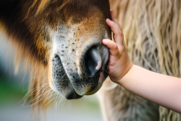 Kid hand pet horse face, bonding of nature and love.