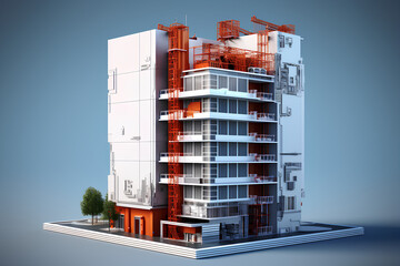 Concept of construction. High-rise building with insulated facade. drawings with a plan and building materials near the building. 3d illustration 