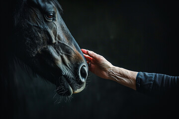 Old women hand pet black horse face in black background.