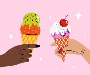 Hands holding various delicious ice cream balls in waffle cones, sweet frozen yummy desserts, street food summer snacks with different flavors cartoon vector illustration