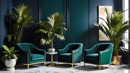 Fototapeta premium Art Deco inspired living room with dark blue and emerald green accents