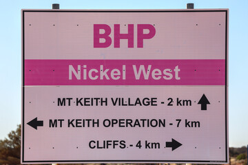 Information and directional sign, BHP Nickel West, Mount (Mt) Keith, Cliffs mine, village