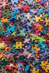 A pile of colorful jigsaw puzzle pieces, creating a vibrant and intricate pattern