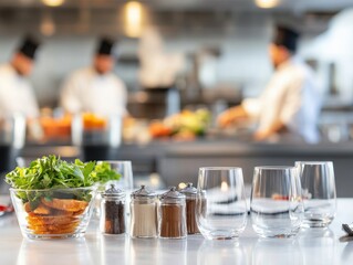 A fresh salad in a bowl with spices and glasses, set against a busy restaurant kitchen, showcasing culinary preparation.