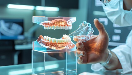 A VR user interacting with a 3D holographic dental implant model, showcasing innovative dental technology