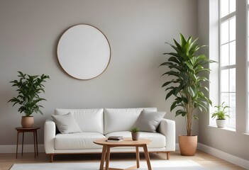 A minimalist living room with a wooden frame on the wall, a white sofa, and a wooden side table