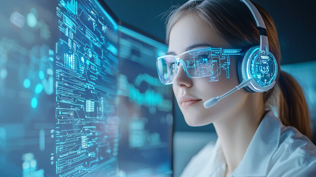 A woman wearing a headset and glasses is looking at a computer screen with a lot of blue and white numbers.