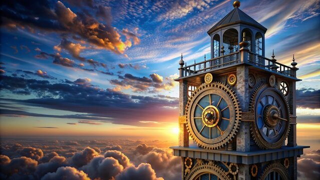 Twilight sky clocktower with intricate gears, marking the passage of time in an enchanting realm , celestial, clocktower