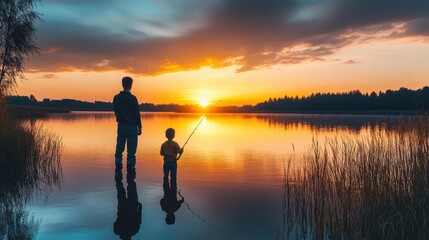 Father and son fishing at lake in sunset