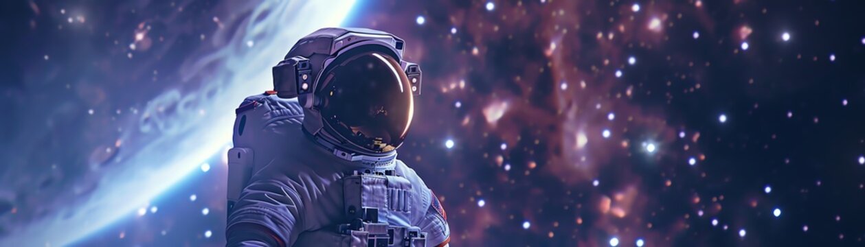 Astronaut looking up in a starry space background