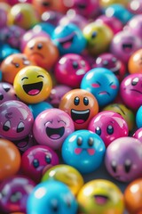 Bright and colorful emoji balls with various expressions, creating a playful and cheerful atmosphere