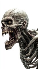 Naklejka premium A terrifying zombie portrait with a gaping mouth and skeletal features, perfect for horror-themed projects and artwork.