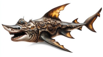 Naklejka premium Artistic steampunk shark sculpture with intricate details and a metallic finish, perfect for marine or fantasy-themed decor.