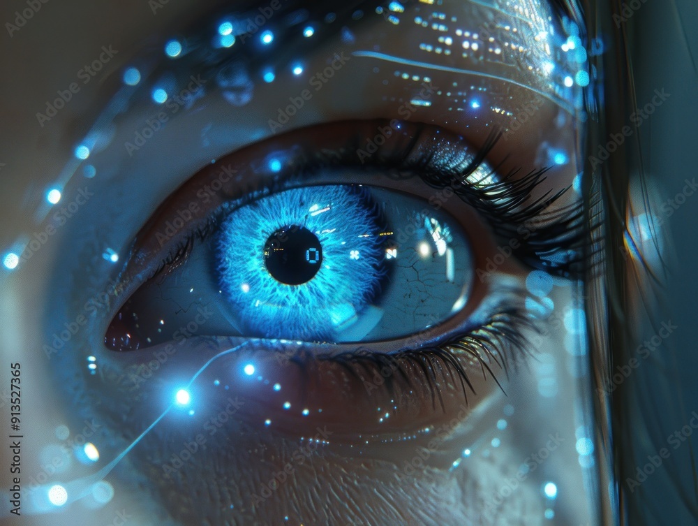 Sticker Glowing Blue Eye, Futuristic Digital Art