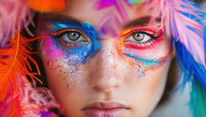 Vibrant Face Art With Colorful Feathers and Glitter at a Festival Celebration