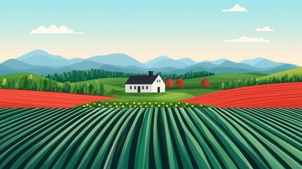 Organic farm landscape with crops and farmhouse, sustainable farming, flat design illustration