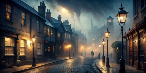A solitary figure walks down a misty cobblestone street lined with gas lamps, digital painting, street, gas lamp, misty, foggy