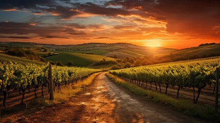 Naklejka premium Photograph of a meandering dirt road winding through a vineyard