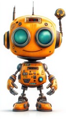 Fototapeta premium Cheerful orange robot with blue eyes and headphones, perfect for technology and science fiction themes.