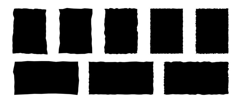 Set of torn paper pieces. Black grunge jagged rectangle and square frames. Vector torn paper sheet for sticker, collage, banner. Ripped shapes silhouettes isolated on white background