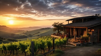 Photograph of a rustic wooden winery nestled amidst rolling hills,